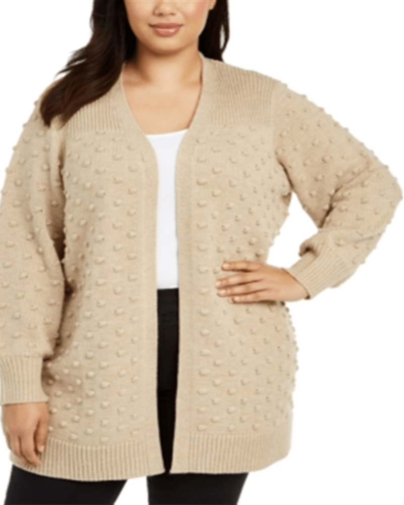 Front of a model wearing a size 0X Calvin Klein Women's Plus Popcorn Cardigan Sweater Brown Size 0X in Brown by Calvin Klein. | dia_product_style_image_id:314564